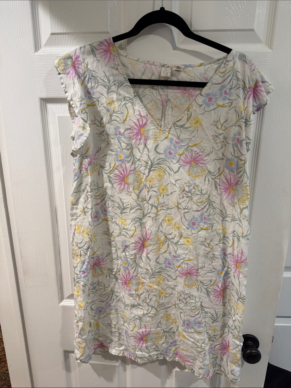 Joie White Floral V-Neck Midi Dress with Pink & Yellow Blooms